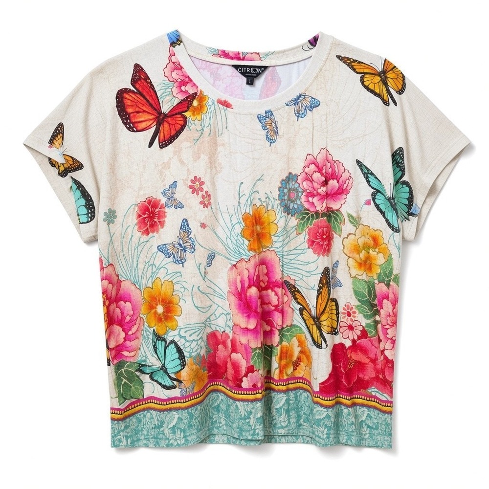 Citron Santa Monica Butterfly In Flight Cream Floral Cap Sleeve Tee Top Size L